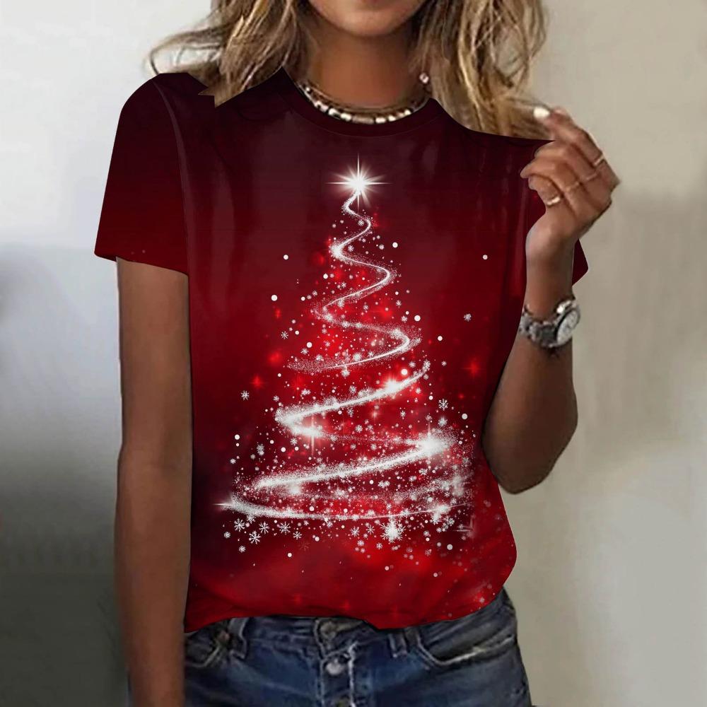 Short sleeved T-shirt for women with Christmas tree print round neck