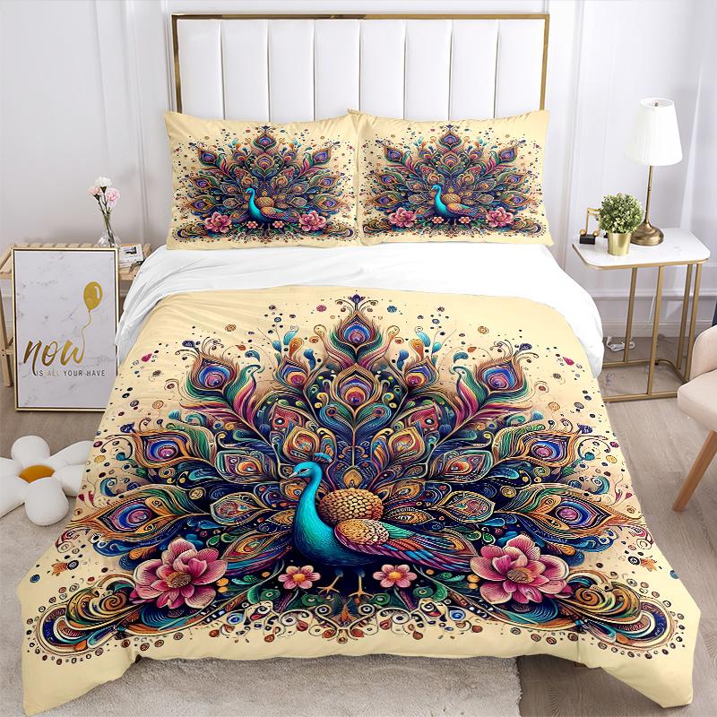 3pcs Nature's Beauty Peacock Quilt Cover Set - Soft and Cozy Bedroom, Guest Room and Dorm Decorative Bedding 3-Piece Set 1 Quilt Cover + 2 Pillow