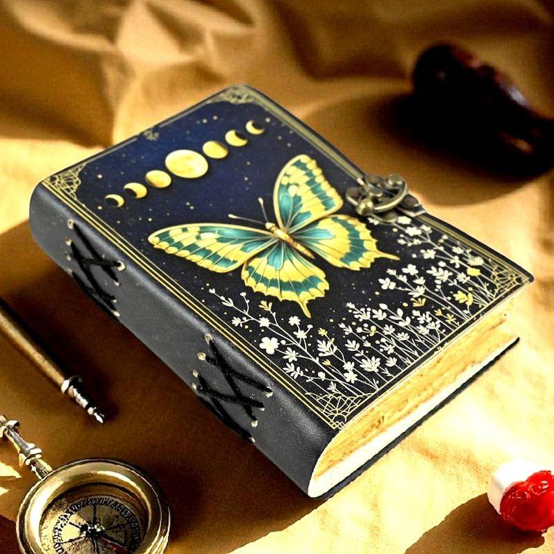 

Butterfly Grimoire Journal – Celestial Leather Notebook | Lunar Moth Spell Book of Shadows 7 x 5 in