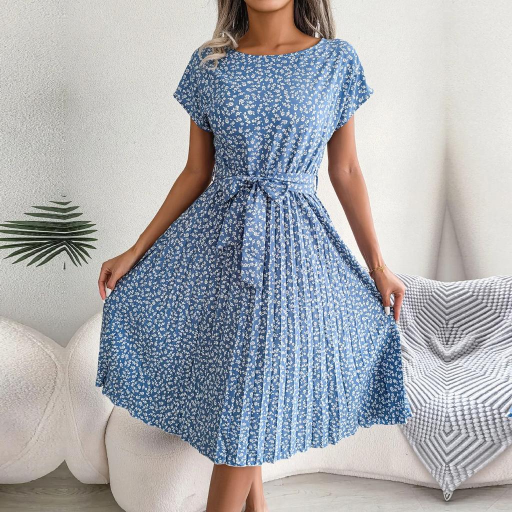 Damen Frühling Sommer Kurzarm Hohe Taille Schickes Kleid Mode Blumenmuster Plissee A-Linie Langes Kleid