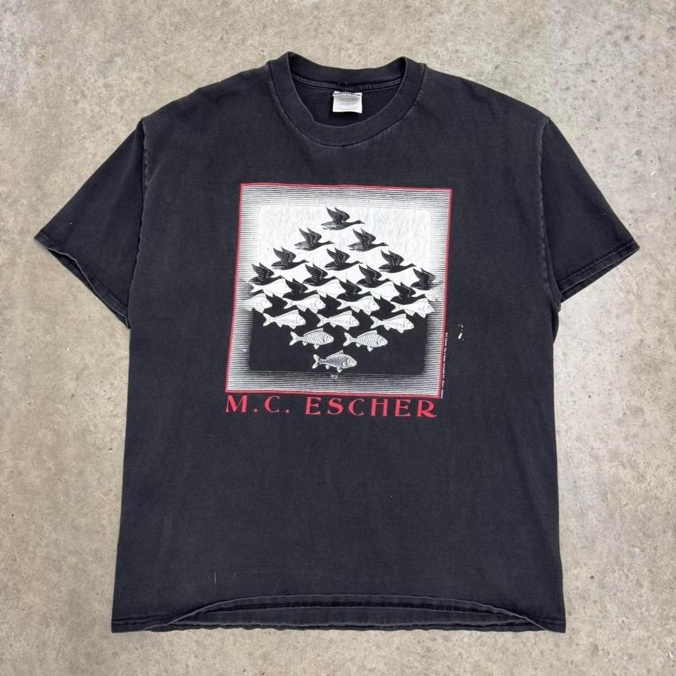 Vintage 90s MC Escher Art Tee Fish to Birds Faded Black Mens XL Color Unisex T-Shirt S