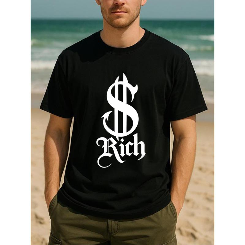 

European Size Wealth Symbol $ RICH Men s Printed Short Sleeve T-Shirt, Medium Stretch Fashion Style, High-Quality Polyester Tee, New Trendy Men s Wear 4XL чорний