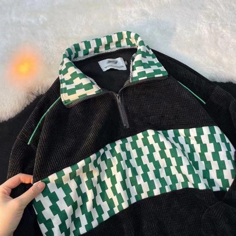 Unisex Retro Checkerboard Half-Zip Polo Sweatshirt - American Style Loose Fit for Fall