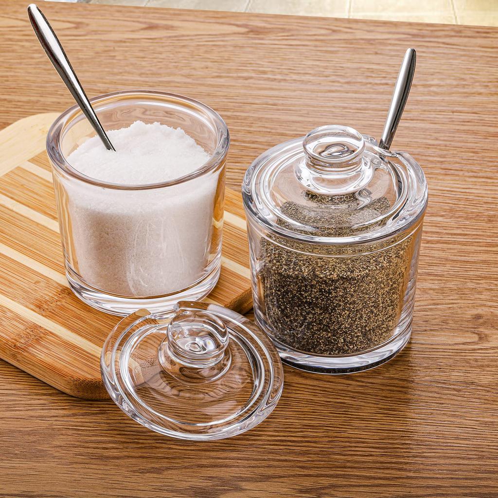 Frcctre Clear Glass Sugar Bowls, Set of 2, 6 Sugar Jars with Spoons and Lids, Salt, Spice, and Pepper Bowls, Condiment Pots, Dispenser Containers for