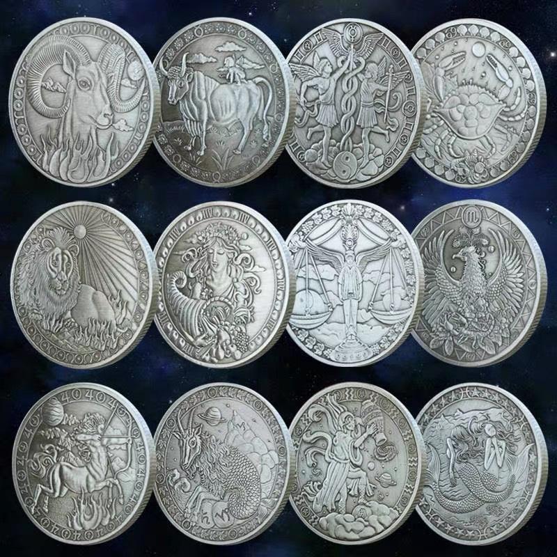 12 Pieces Twelve Constellations Commemorative Coins Tarot Commemorative Medal Antique Silver Coins Lucky Coins Wishing Coins