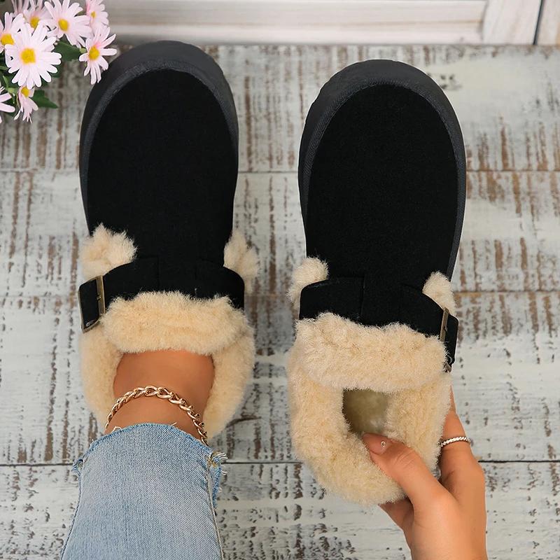 Autumn Winter Women Plush Snow Boots Shallow Buckle Thick Bottom Warm Boots Big Size 43 Suede Fur Flat Platform Cotton Shoes