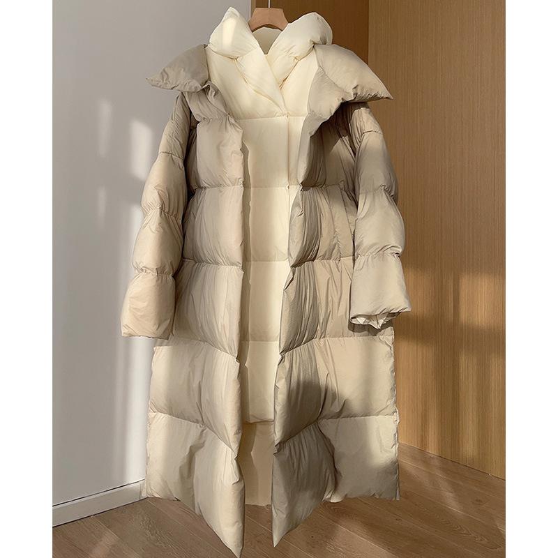 Contrasting color fake two-piece down jacket medium and long hooded warm white duck down jacket medium and long women's clothing winter