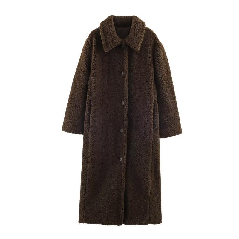 Womens Long Fleece Coat With Turn-Down Collar Single-Breasted Button Front Street Style Oversized Outerwear