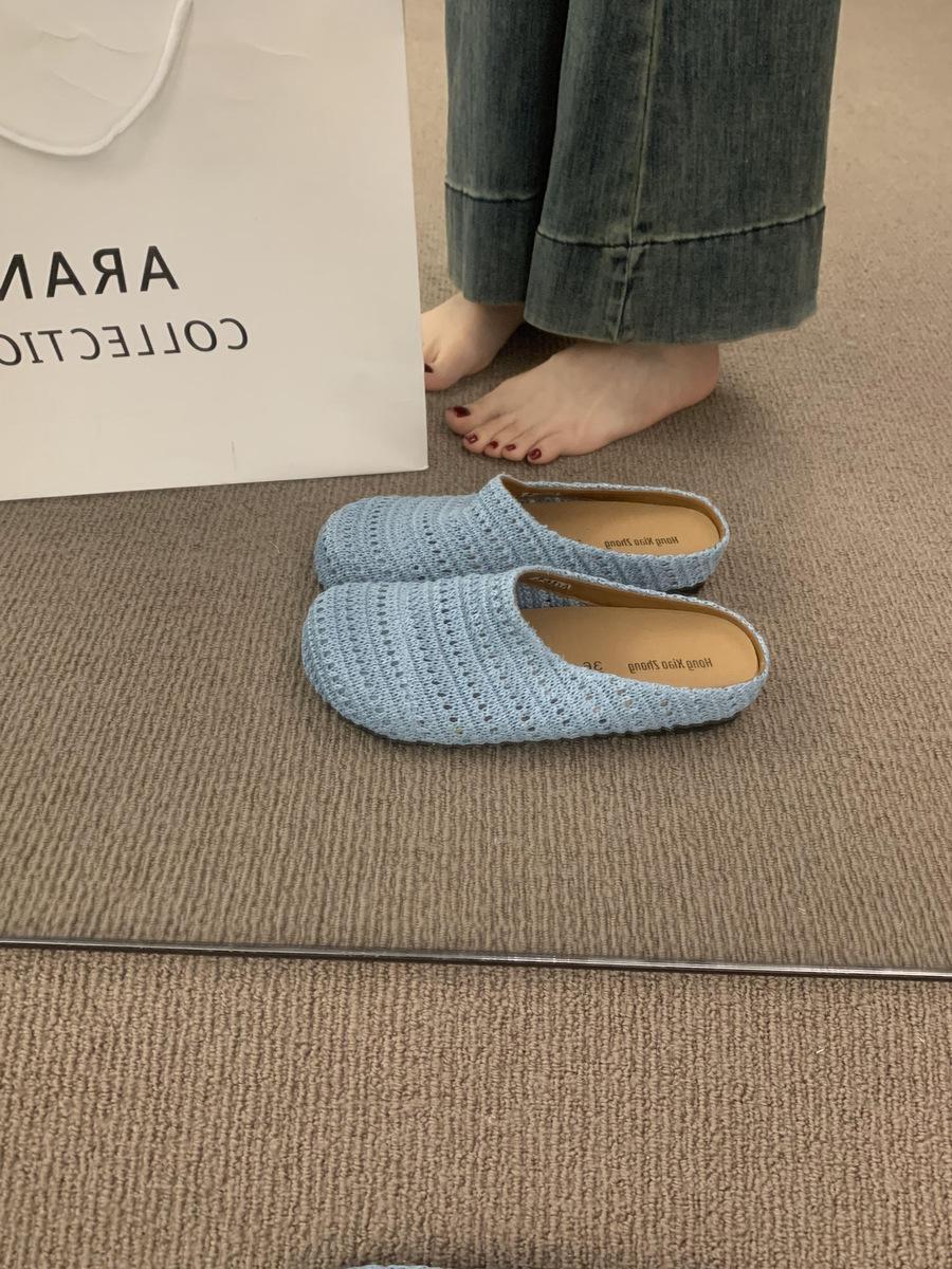 

Niche hand-woven hollow breathable bag head half slippers women s summer outer wear wind thick bottom 35