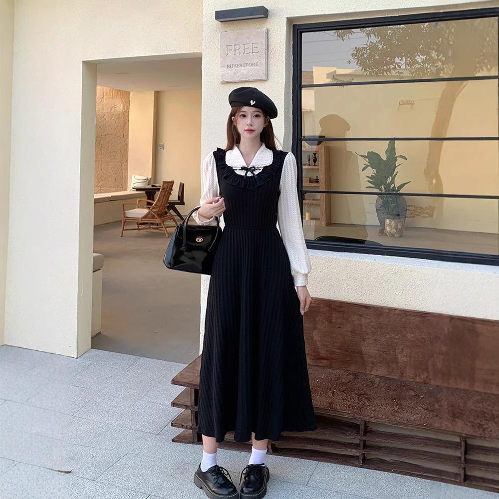 Autumn and winter new French splicing long-sleeved small black dress dress retro fake two-piece thin temperament skirt trendy