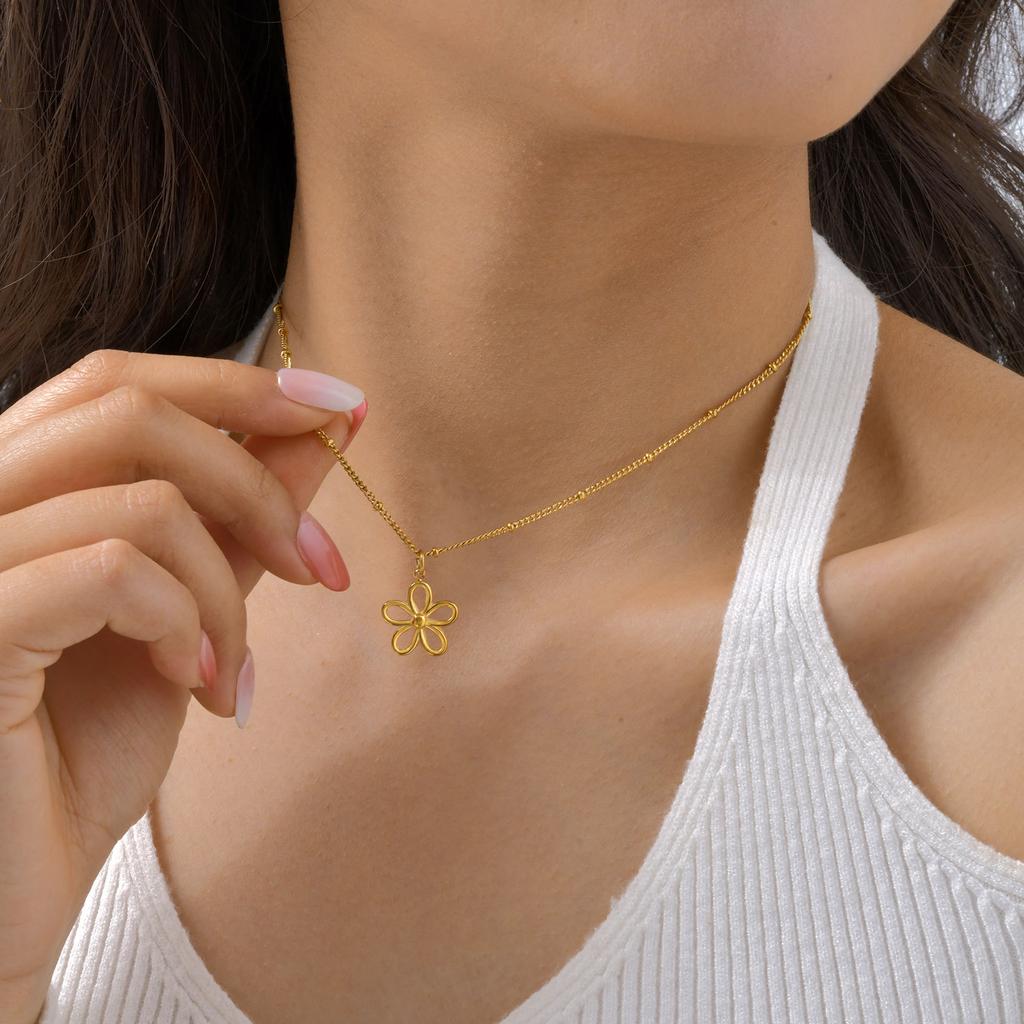 Stainless Steel Bead Chain Hollow Flower Gold Necklace, Elegant Fashion Accessories 1876