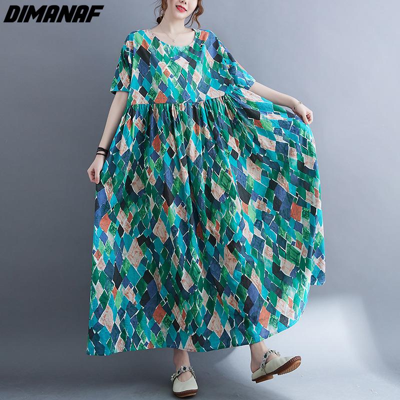 DIMANAF kobiety sukienka letnia Plus rozmiar plażowa sukienka lniana czeski nadruk kwiaty moda Lady Vestidos luźna długa sukienka na co dzień Oversize 9063