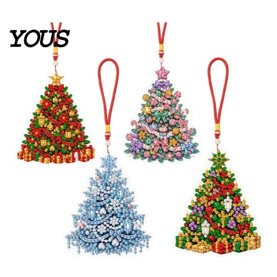 Faux Diamond Painting Craft Set 4Pcs Hanging Art Kit for Christmas Tree, DIY Mini Diamonds Kits Ornament Kit, Acrylic Window Pendant Adults Beginners