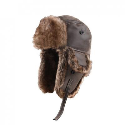 Men RussianFaux Leather Fur Hat Aviator Trapper Hat Winter Ski Ushanka Earflap