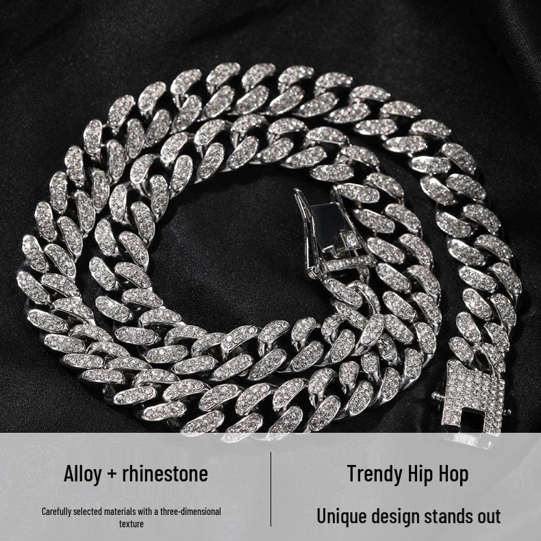 Gu Meng 12mm Men's Cuban Necklace - European & American Style, Hip Hop Design, Alloy with Inlaid Diamond, Versatile Street Jewelry.