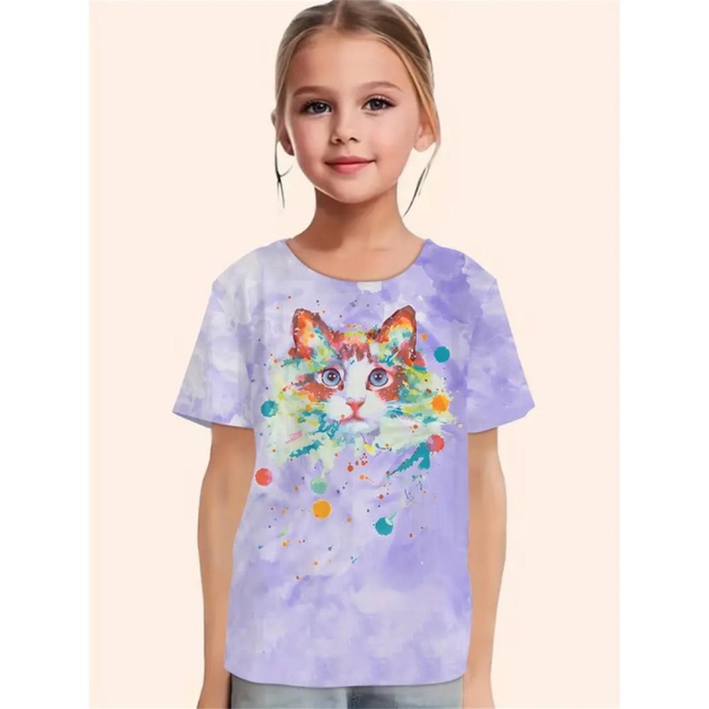 Roupa de Menina 2025 Gato de Desenho Animado Animal Fofo Estampa 3D Moda Casual Camisetas Engraçadas Camisetas de Menina Top de Verão de Manga Curta