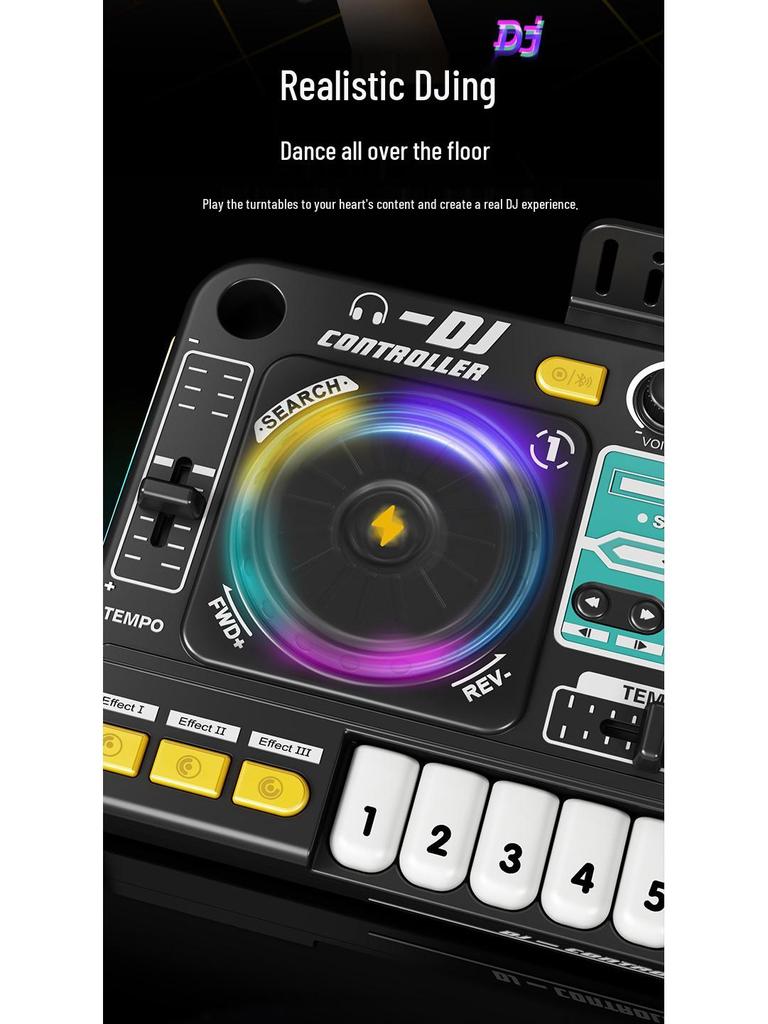 Toca-discos DJ Bluetooth Infantil com Percussão, Luzes e Microfone – Brinquedo Musical Multifuncional