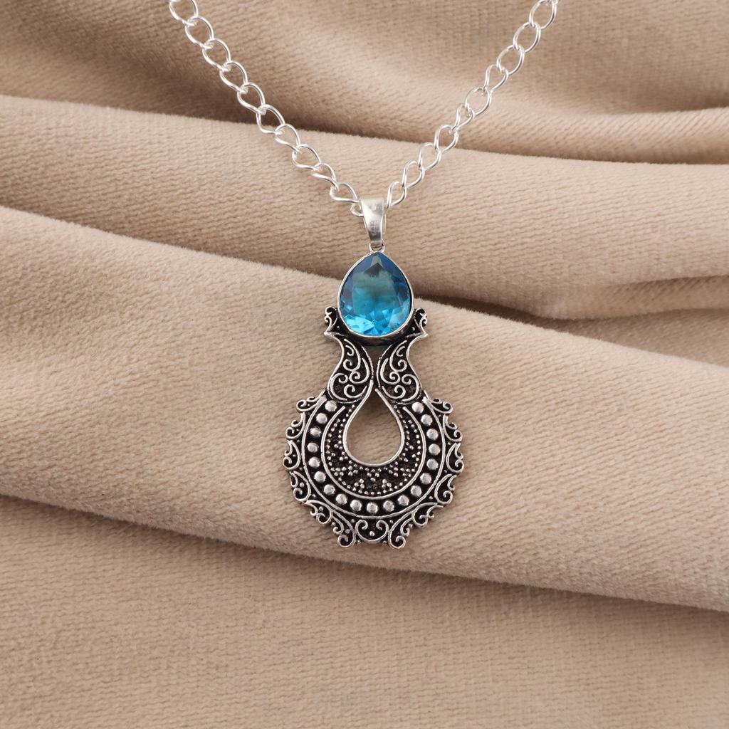 Swiss Blue Topaz Gemstone 925 Sterling Silver Jewelry Long Oxidize Pendant 1.8" For Thanksgiving Gift CP-45-8