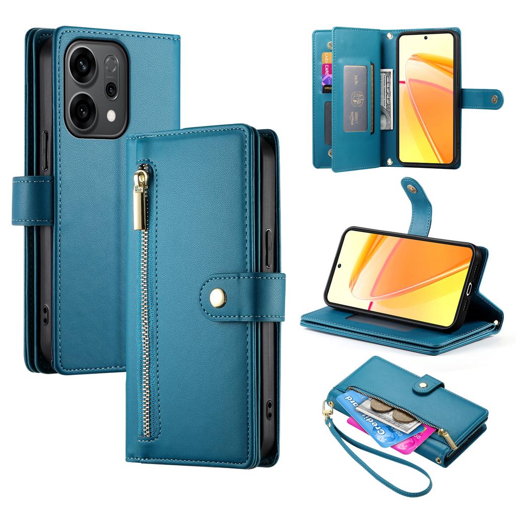 For Oppo Reno14 F 5G Case Zipper Pocket Wallet Leather Phone Cover with Straps