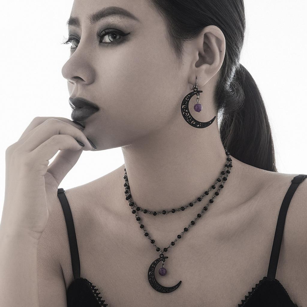 Crystal beads chain necklace sweet cool gothic hollow moon pendant necklace
