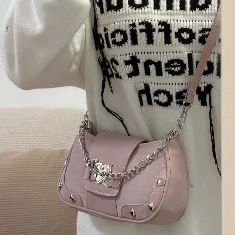 Damen Krokodil-Textur PU-Leder Achseltasche, Kette & Herz-Dekor Y2K Punk Hobo-Tasche, Trendige Vielseitige Lässige Umhängetasche