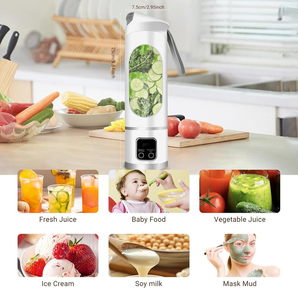 Portable Personal Electric USB Juicer, 500ML Mini Blender for Shakes and Smoothies, 12 Blades Great for Mixing, Compact, Convenient (White)