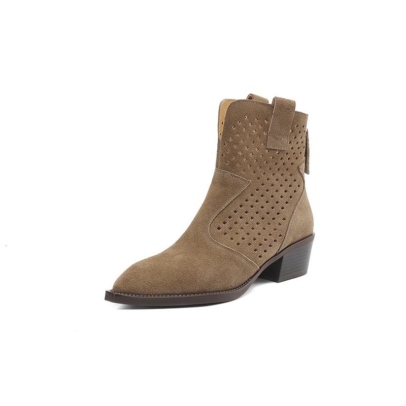 Fashion 2025 Spring Autumn Chelsea Boots for Woman Cow Suede Pointy Toe Wedge Heel Ankle Boots Cutouts Comfortable Cowboy Boots Female