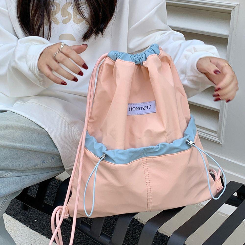 Large Capacity Light Soft Nylon Bag Contrast Color Shoulder Bag Drawstring  Backpacks  Travel