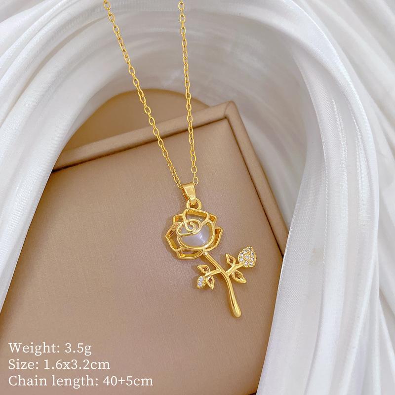 Opal Flower Full Diamond Light Luxury Temperament Gorgeous Full Diamond Necklace Female Versatile Collarbone Chain Titanium Steel