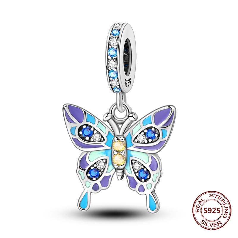Butterfly Charm copper Authentic Pink Blue Zircon Fly Butterflies Safety Chain Clip Charm Bead Charms Compatible With Bracelets Do It Yourself Jewelle