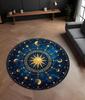 Celestial Rug Deep Blue  Gold Moon and Stars Round Rug, Washable Cosmic Carpet Office Garden Patio Indoor Yoga Mat for Reading