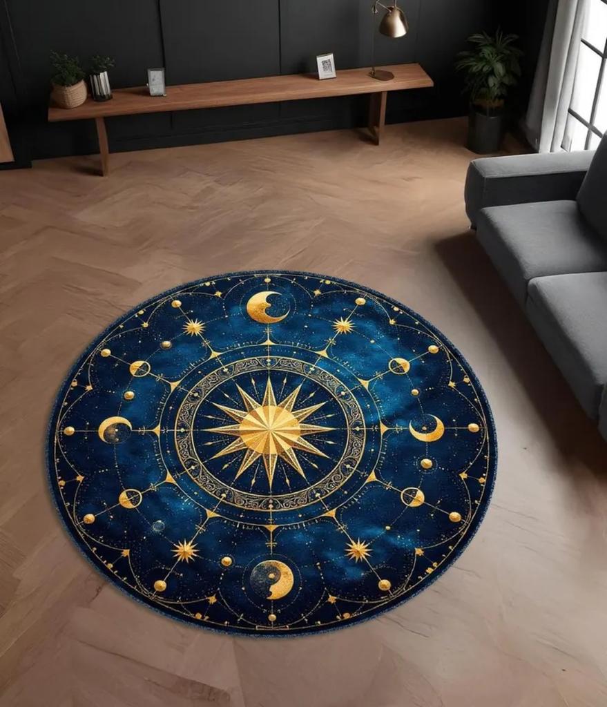 Celestial Rug Deep Blue  Gold Moon and Stars Round Rug, Washable Cosmic Carpet Office Garden Patio Indoor Yoga Mat for Reading