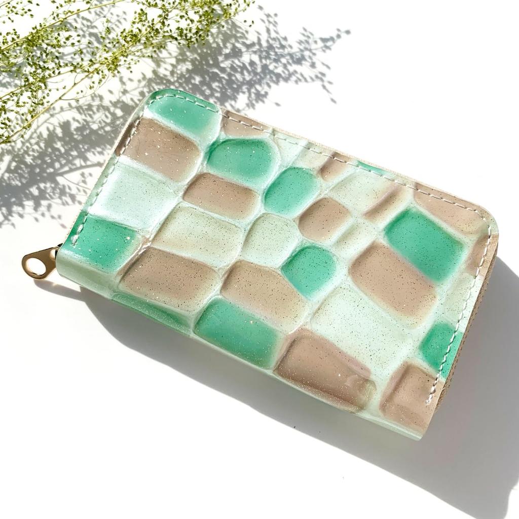 Leo&Aoi Echtes Leder Münzbeutel, Geprägtes Rundes Reißverschluss-Etui, Kleines Portemonnaie, Kompakt, Schlicht, Rindsleder, Damen-Etui, Buntglas-Muster,