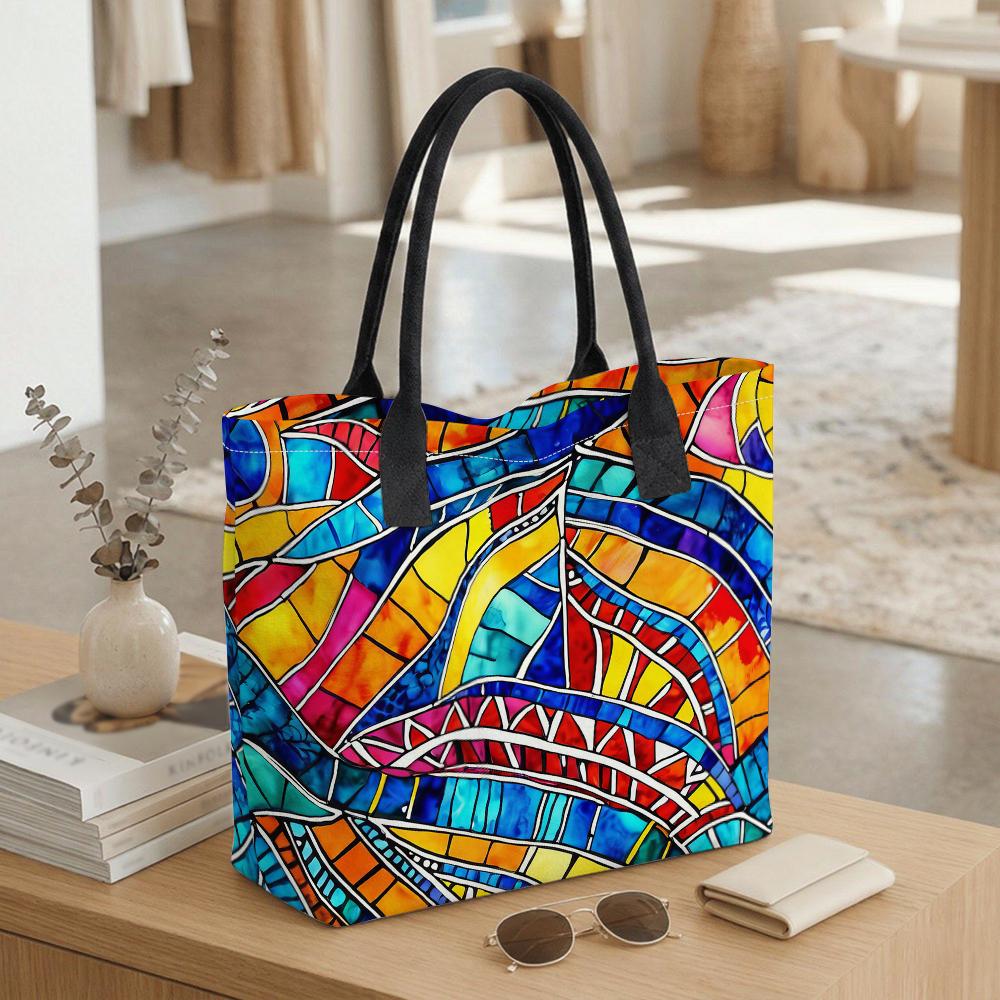 Colorful Stained Glass Print Tote Bag Large Capacity Casual Shoulder Handbag for Daily Use