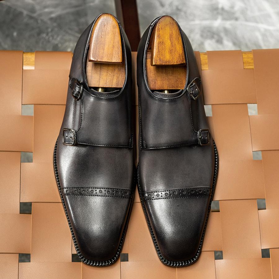 Business dress British men's shoes Small square head high-end cowhide leather shoes men's, gray three-joint engraved Munch shoes