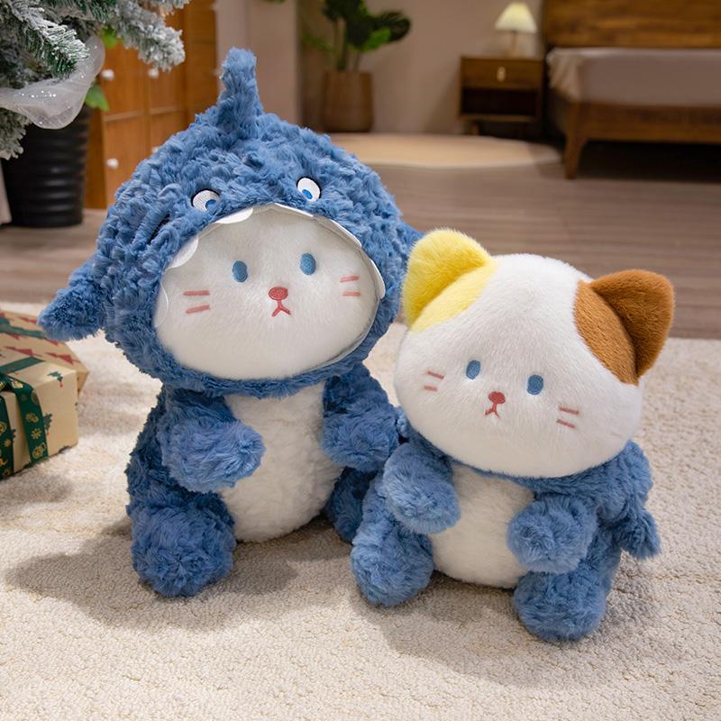 Kawaii Shark Cat Plush Toy Soft Stuffed Colorful Shark Hat Kitten Doll Kids Sleep Hug Pillow Home Decor Birthday Christmas Gift