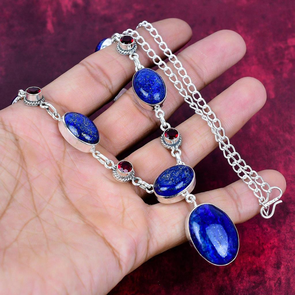 Lapis Lazuli & Granat Halskette Handgefertigter Schmuck, 925 Massiv Sterling Silber Halskette Designer Edelstein Schmuck Verstellbare Kette Halskette Geschenk für Mama
