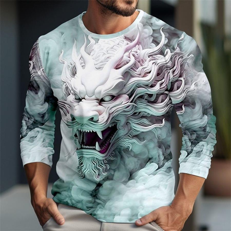 Spring Autumn Dragon Pattern T Shirts Round Neck Long Sleeve Top Men's Plus Size Sport Wear Plus Size Vintage 3d Print T Shirt