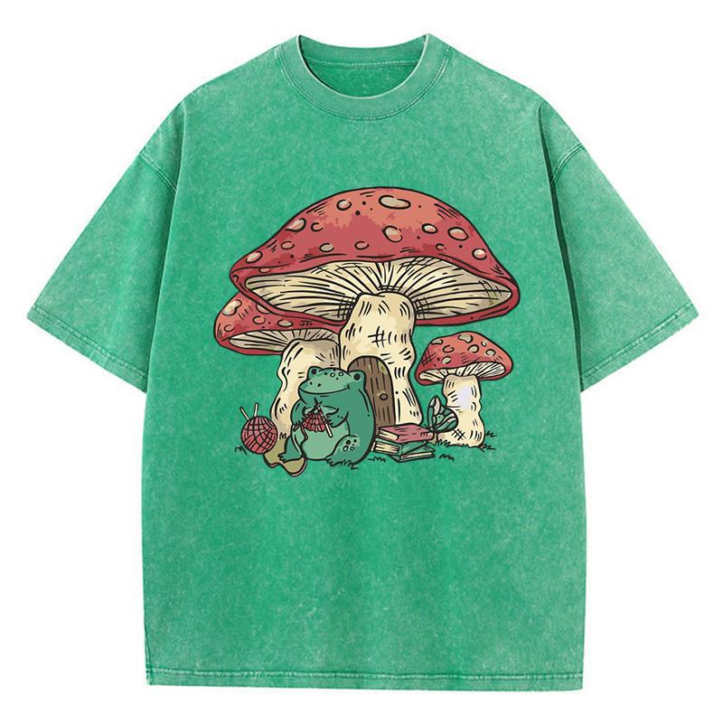 Cute Frog Kinting Mushroom Prints Women Washed T-Shirt Casual Cotton T Shirts Soft Loose Clothes Vintage Summer Short Sleeves