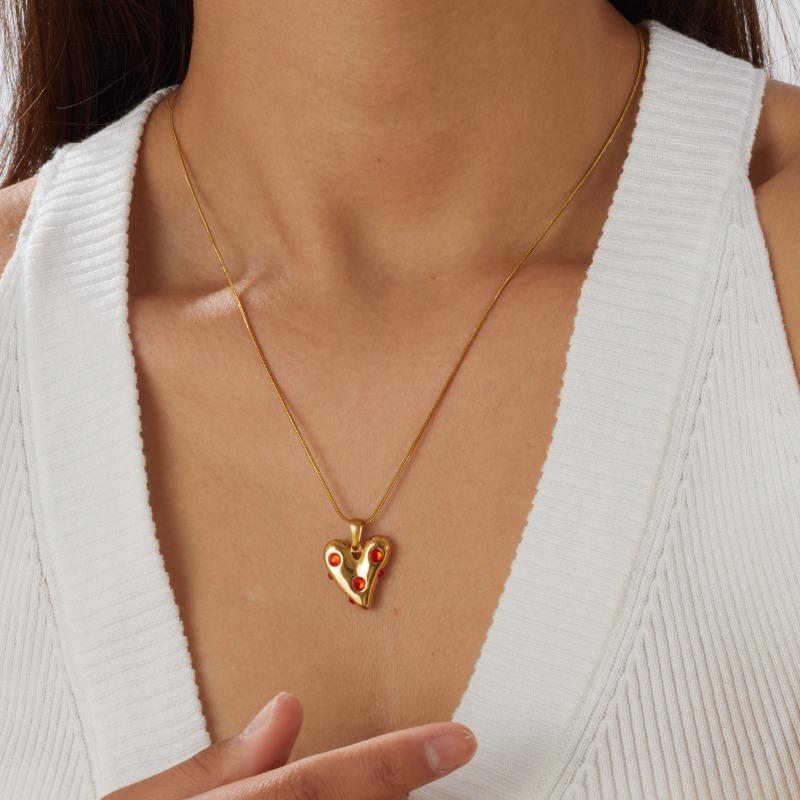 Gold Snake Bone Chain Necklace with Red Crystal Heart Pendant for Women