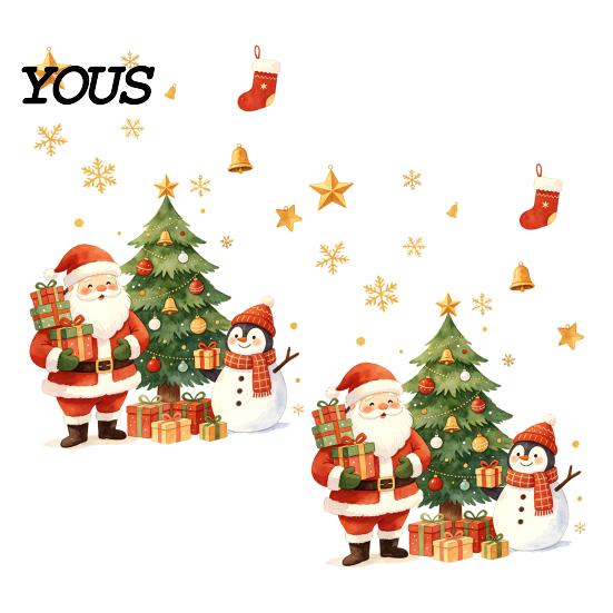 Indoor Outdoor Holiday Accents Cartoon Christmas Window Sticker, Removable Santa Snowman Tree Decal, Waterproof PVC Ornaments Static Cling Sticker