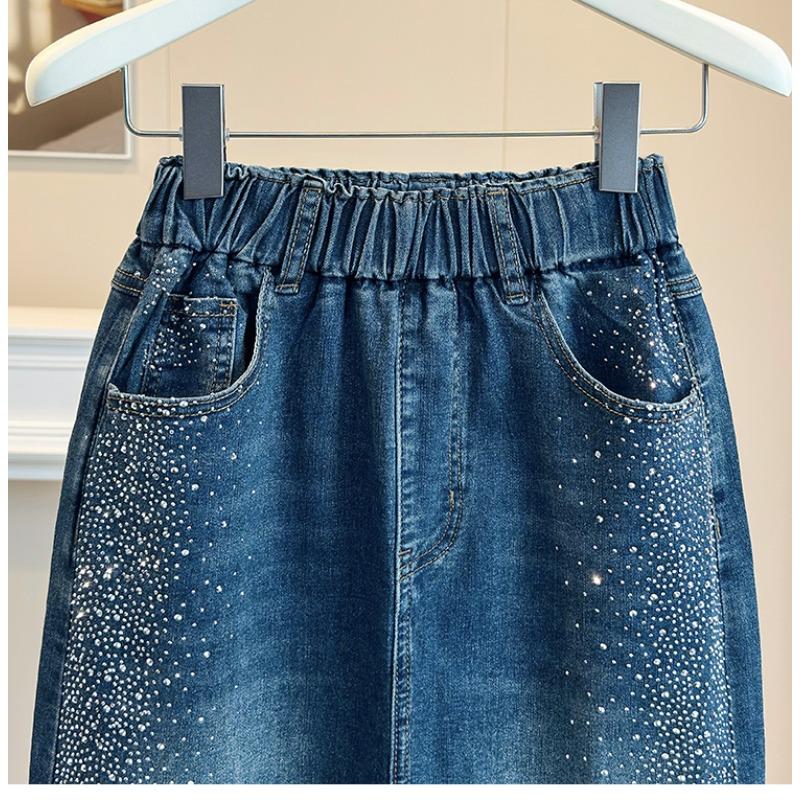 DIMANAF 2026 Autumn New Plus Size Women Denim Skirt Elastic Waist A-Line Long Skirt Fashion Lady Bottoms Beading Blue