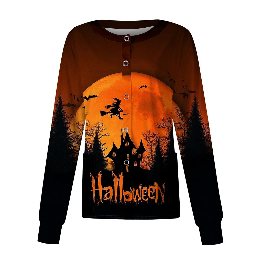 Women's Casual Long Sleeve Single-Breasted Cardigan with Halloween Print for Caregiver Costume