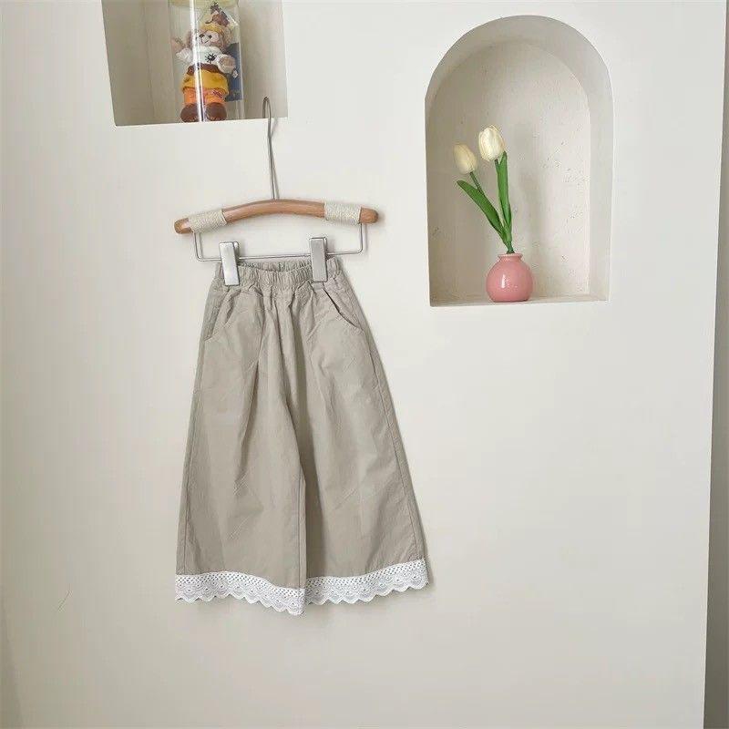 Korean Style Girls' Lace Patchwork Wide Leg Trousers, Spring Fashion, Versatile Straight Leg Pants
