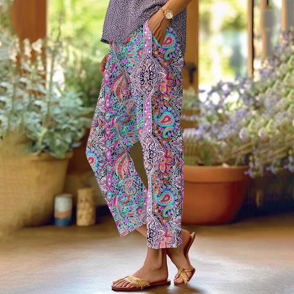 Damskie Modne Spodnie Casualowe z Kieszeniami i Elastyczną Gumką w Pasie z Kwiatowym Nadrukiem z Prostymi Nogawkami