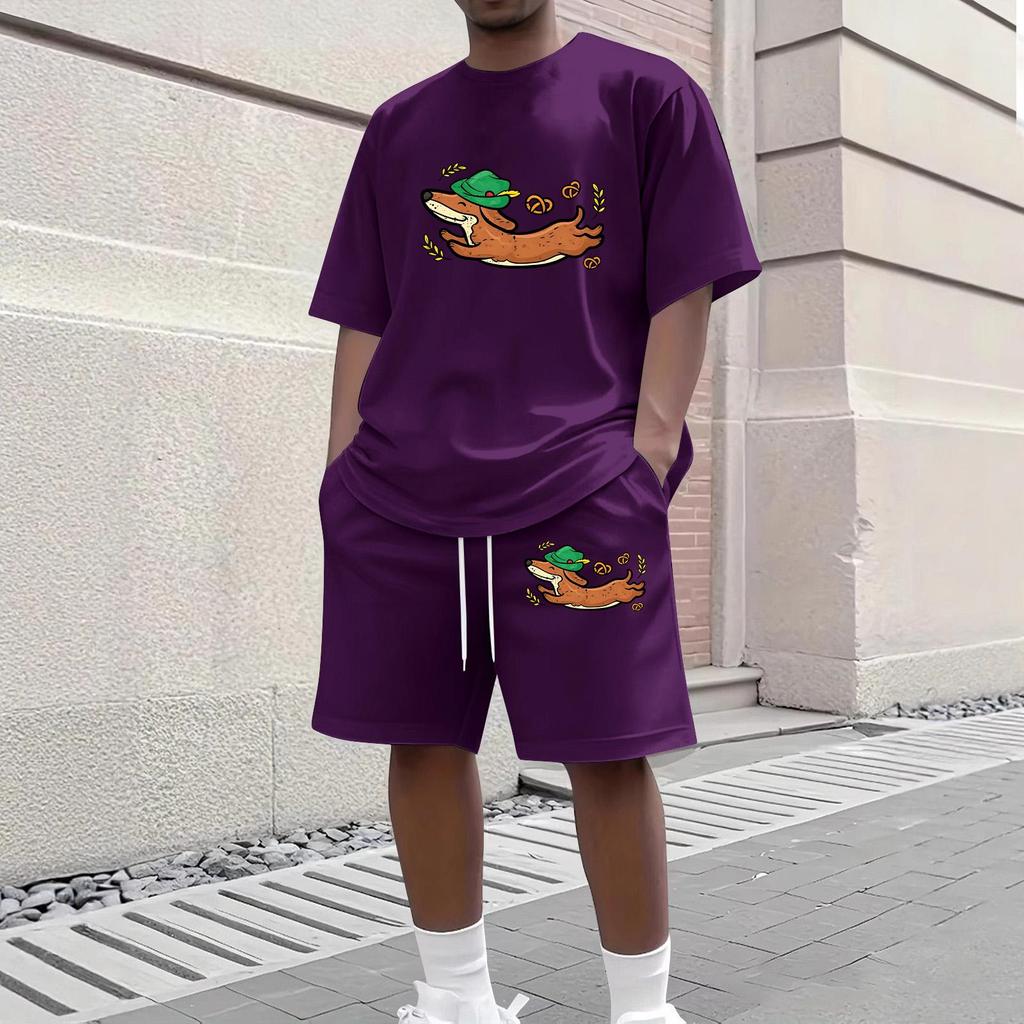 Herren Lässiges Zweiteiliges Set Kurzarm Rundhalsausschnitt Oberteil und Shorts mit Kordelzug und Grafikdruck Bequeme Passform