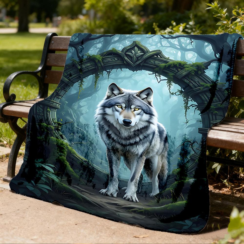 1pc Wolf Forest Outdoor Blanket - Soft Flannel Cozy for Travel & Camping - All-Season Warm Bed Cover, Machine Washable Yy251229074
