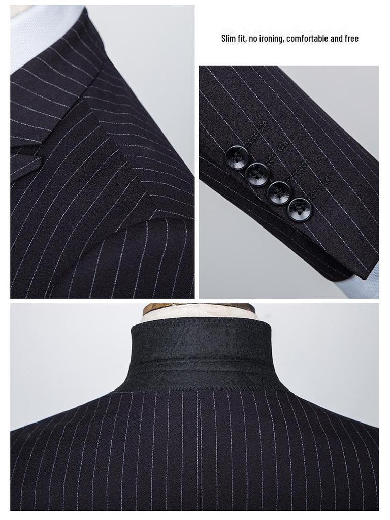 Terno Listrado Masculino de Abotoadura Dupla Estilo Coreano Slim Fit - Casual Casamento Noivo Três Peças