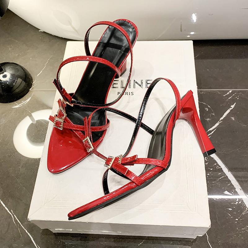 Summer Sandals Women New Style One Line Strap Super High Heel Sandals Women's Pointed Thin Heels Banquet Red Simple High Heels