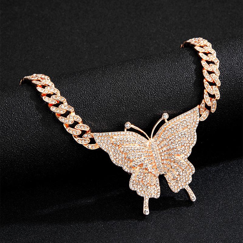 European American Hip Hop Cuban Chain Butterfly Necklace with Diamonds - Women's Trendy Style